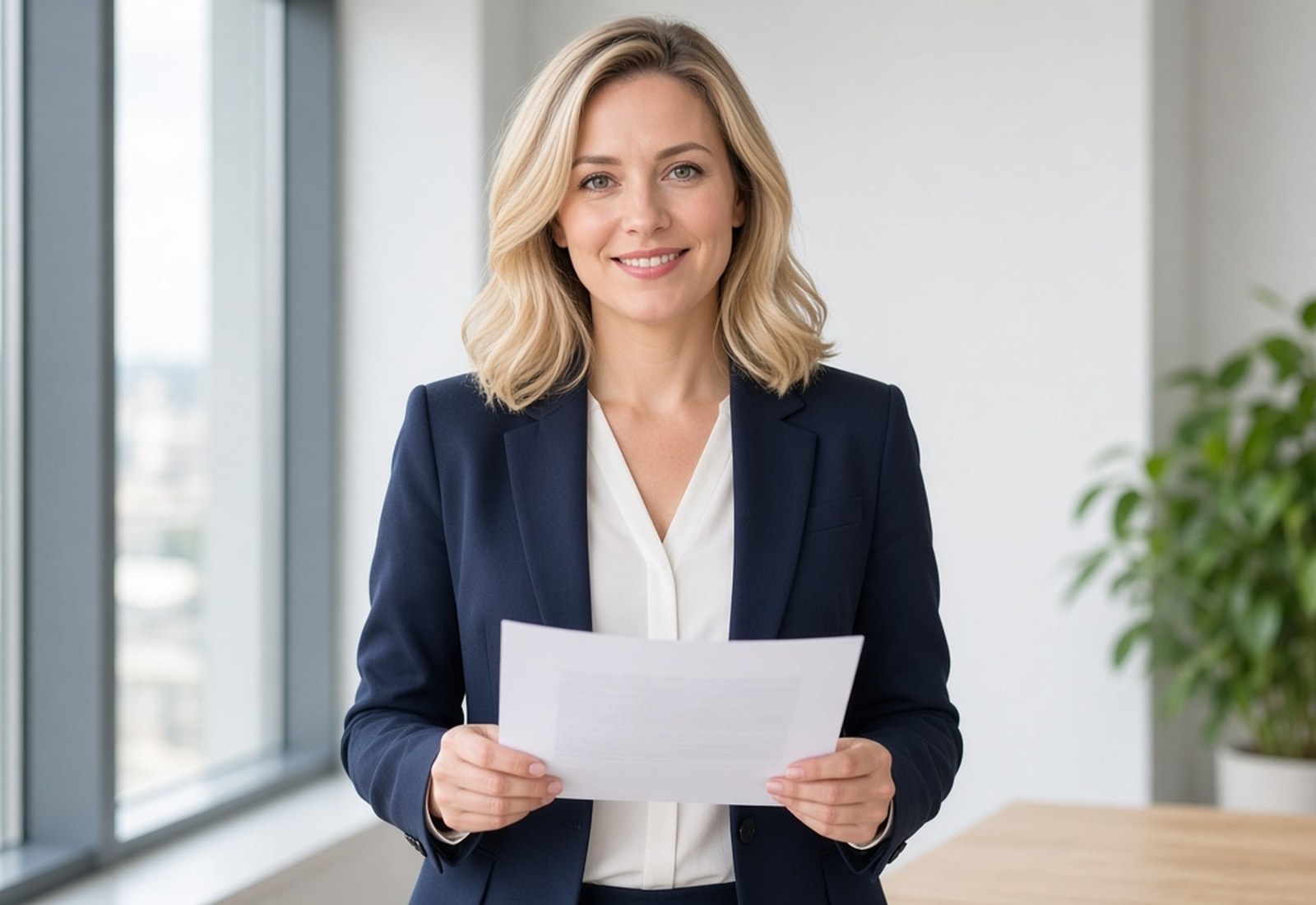 Case specialist holding permit documents in a bright Tallinn office